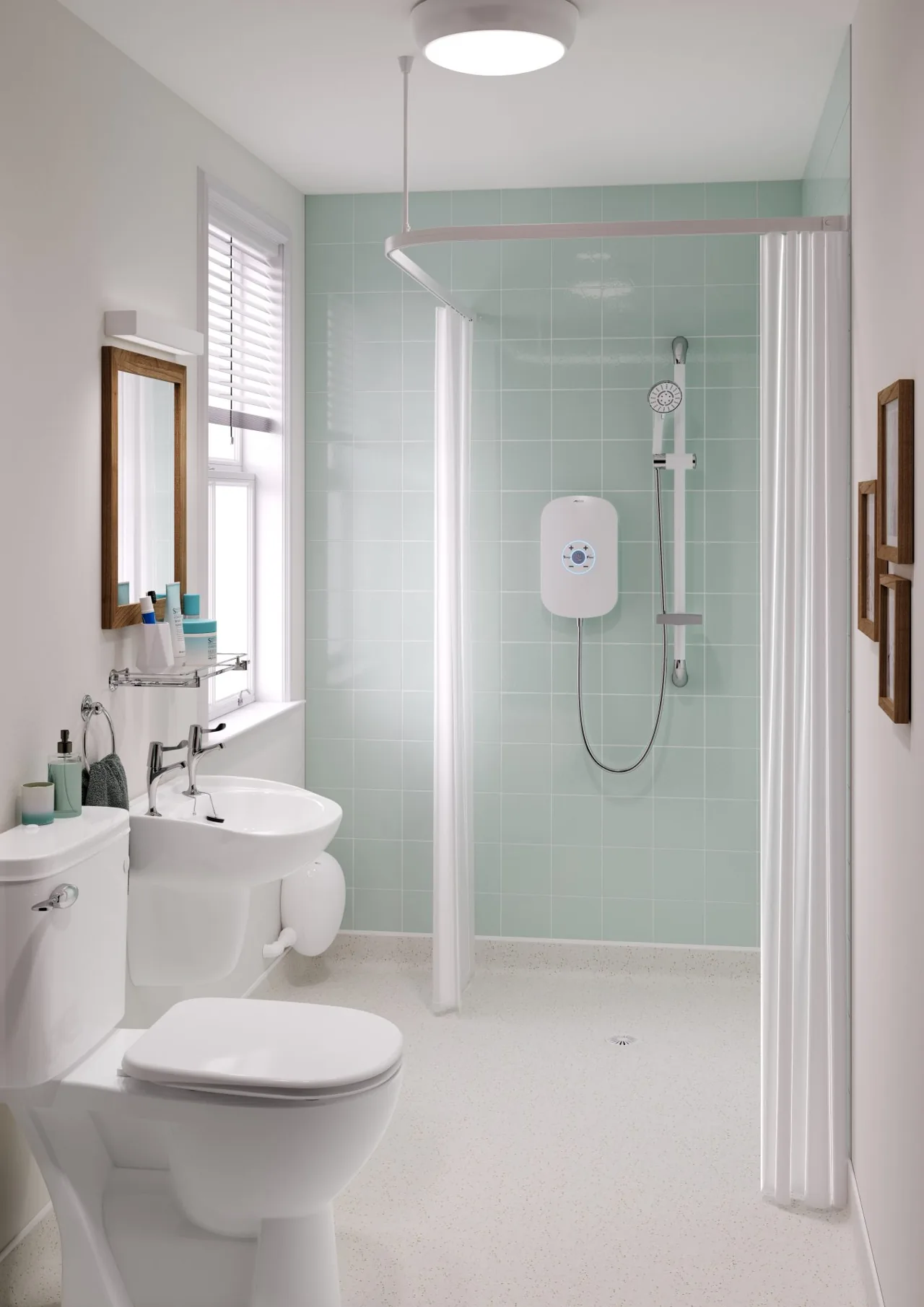 An accessible shower with a seat and grab rails