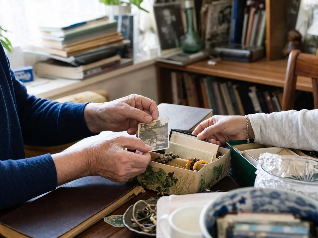 Two people looking through photographs and keepsakes together