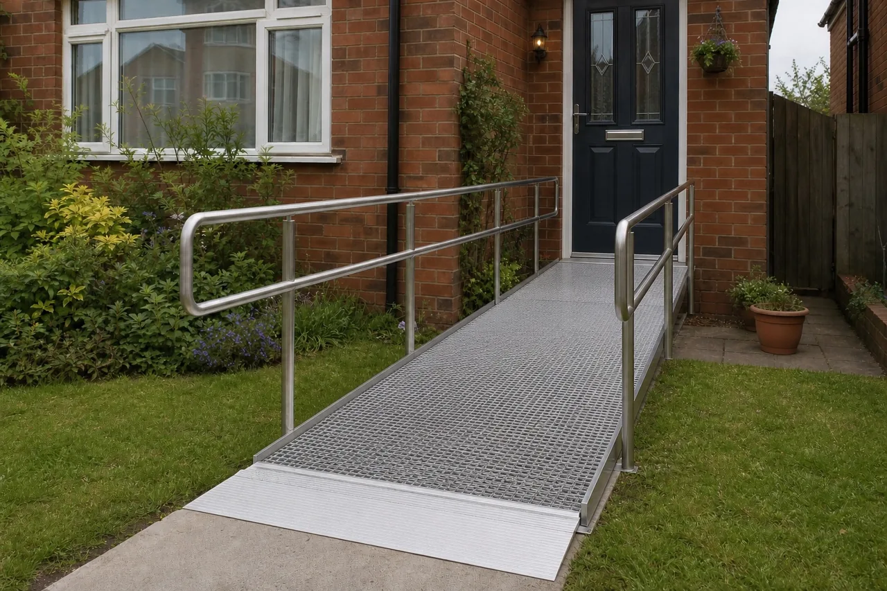An access ramp with handrails outside a home