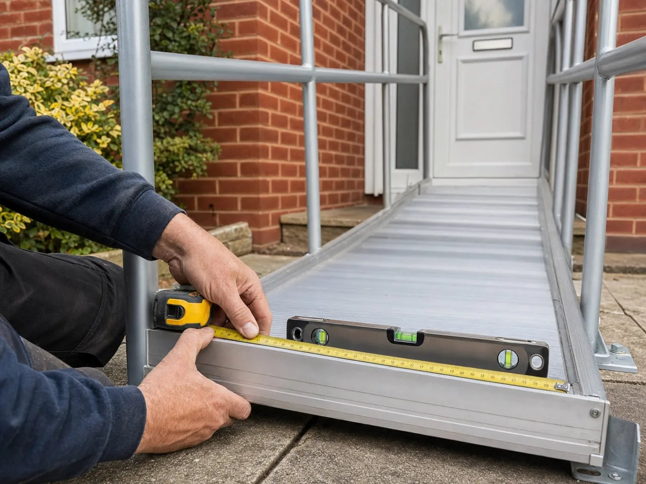An access ramp being checked with a spirit level